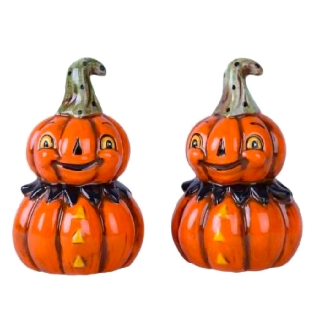 Johanna Parker Set of Jack O' Lantern Pumpkin Ceramic Salt and Pepper Shakers